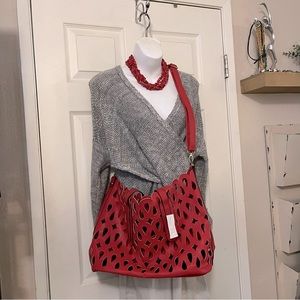 Red Faux Vegan Leather Perforated Crossbody Tote Bag Shoulder Bag Purse …